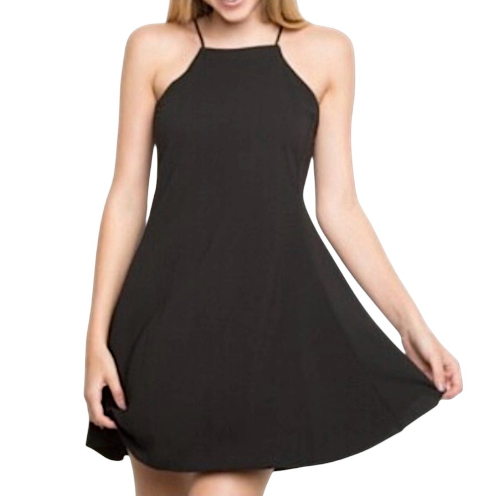 BRANDY MELVILLE Black Abigail Mini Dress HIGH HALTER NECK Strappy A-Line OS/XS/S
